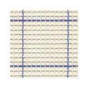 May include: Close-up of a cream-colored rug hooking fabric with a grid pattern. Dark blue lines intersect to create a cross pattern. The fabric is tightly woven and appears to be made of a durable material.