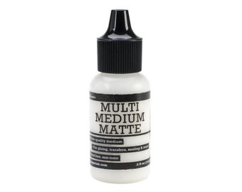 May include: A white bottle with a black cap labeled "MULTI MEDIUM MATTE" and a description of its uses. The bottle is 5.8 oz.