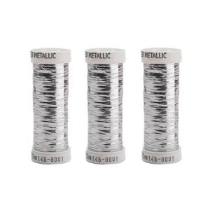 May include: Three spools of silver metallic thread, each featuring a white top and bottom label with the text "METALLIC" and "25m 145-8001" printed in black. The thread is wound tightly around the cylindrical spools, creating a reflective, shiny surface.