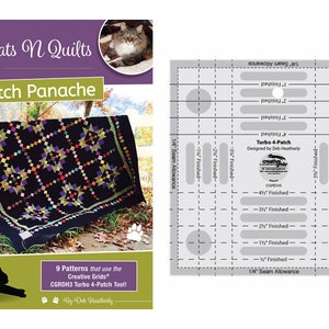 May include: A quilting pattern book cover featuring a black cat and a quilt with a 4-patch design. The book title is "Deb's Cats N Quilts presents 4-Patch Panache". The book cover also includes a ruler with measurements in inches.