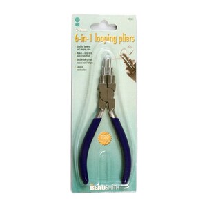 May include: 6-in-1 looping pliers with blue handles and silver metal jaws. The pliers are packaged in a clear plastic blister pack with the text "6-in-1 looping pliers" and "2-9mm". The pliers are designed for beading and wire shaping.