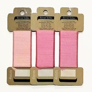 River Silks 4mm Silk Ribbon 3-Color Bundle, 5.5 Yards each in Colorway "Baby Roses"
