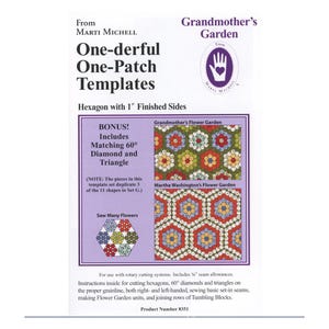 May include: A white product packaging insert for Marti Michell One-derful One-Patch Templates for a Grandmother's Garden quilt pattern. It features text, a logo, and illustrations of hexagon, diamond, and triangle fabric quilt blocks.