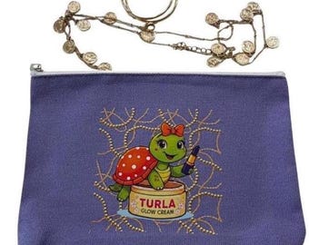 Pochette per trucchi viola con design a tartaruga – Borsa ecologica con cerniera