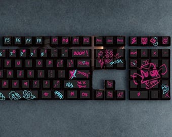 Graffiti Anime Keycap Set – OEM Profile PBT Keycaps | Neon Pink & Cyan Cyberpunk Keycaps for Mechanical Gaming Keyboards