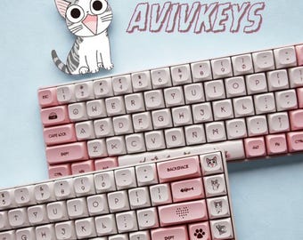Pink Cat Keycap Set, Cute PBT Keycaps, XDA Profile Keycaps for Mechanical Keyboard, Kawaii Keyboard Keycaps