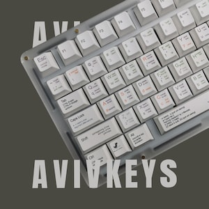 Könnte beinhalten: Nahaufnahme einer Computertastatur mit weißen Tastenkappen und einem transparenten Rahmen. Die Tastatur hat Funktionstasten, Zifferntasten und Buchstabentasten. Der Markenname "AVIVKEYS" wird in großen, fetten Buchstaben angezeigt.