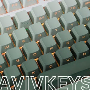 Op de afbeelding: Close-up van een mechanisch toetsenbord met grijze keycaps en oranje achtergrondverlichting. De keycaps hebben witte letters en cijfers. De merknaam "AVIVKEYS" wordt onderaan de afbeelding weergegeven.
