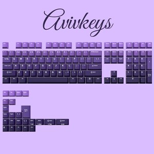 Close-up of purple gradient keycaps with durable PBT surface and double-shot legends