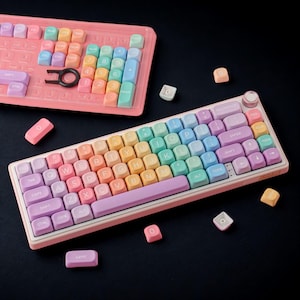 Zestaw nakładek klawiszy PBT w kolorze pastelowego gradientu – 126 klawiszy, profil wiśniowy, kolorowe, tęczowe nakładki klawiszy do klawiatur mechanicznych MX, układy 60, 75, 96 i 104%