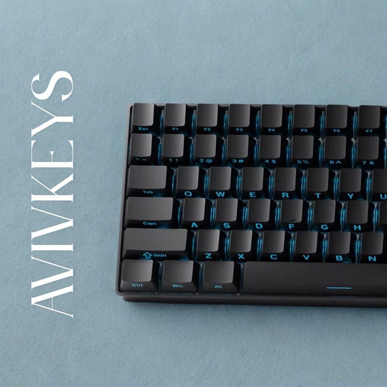 Side printed shine through RGB keycaps close up, black OEM profile PBT keycaps