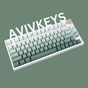 Op de afbeelding: Een wit mechanisch toetsenbord met een groen gradi&euml;nt toetsenontwerp. De keycaps gaan over van wit naar verschillende groentinten. Het woord "AVIVKEYS" staat in witte letters bovenaan het toetsenbord.