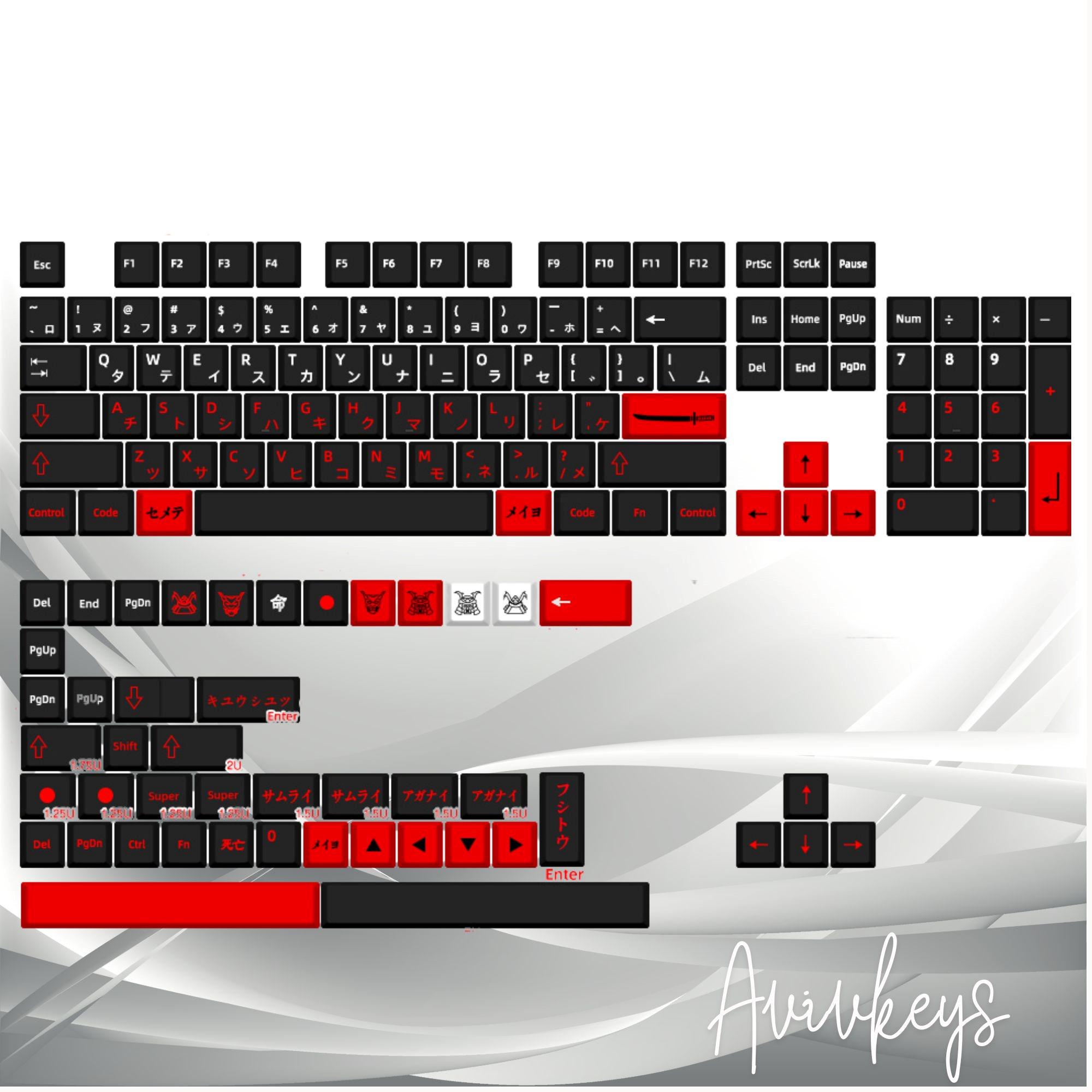 忍者アニメキーキャップセット：日本語キー ブラック レッド PBT
