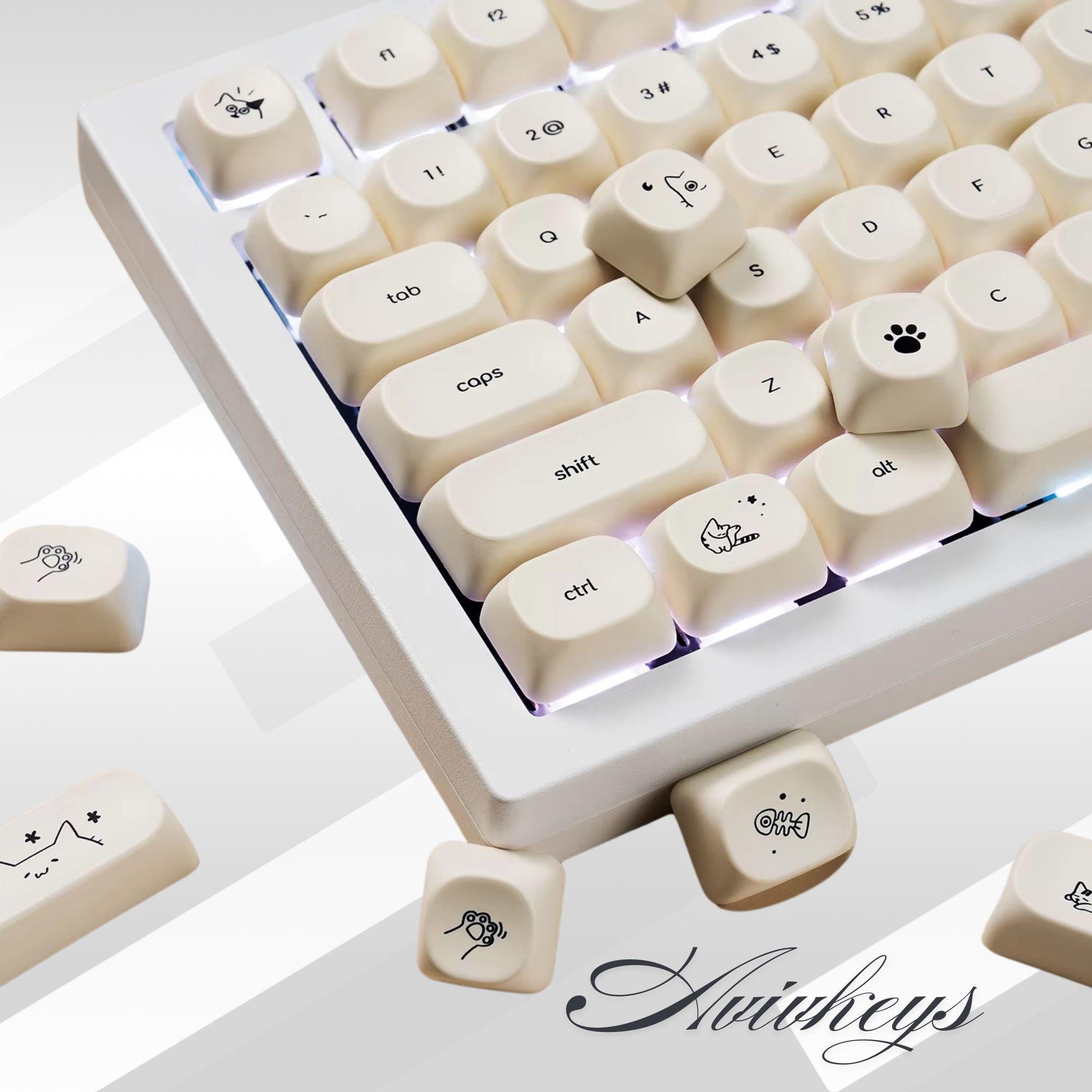 Kitty Cat Keycap Set, Cute Keycap, 124 Keys, PBT, Girl keycap, kawaii keycap, MOA Profile, Milk White Theme for Girls' Mechanical Keyboards