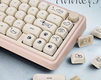 Cute Dog Keycap Set, White PBT Keycaps, 137 Keys ISO ANSI Keyboard Keycaps, Aesthetic Novelty Keycaps