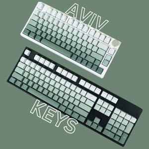 Op de afbeelding: Twee computertoetsenborden met witte en groene toetsen worden getoond tegen een groene achtergrond. Het bovenste toetsenbord is wit en het onderste toetsenbord is zwart. Het woord "AVIV" staat boven het bovenste toetsenbord en "KEYS" onder het onderste toetsenbord.