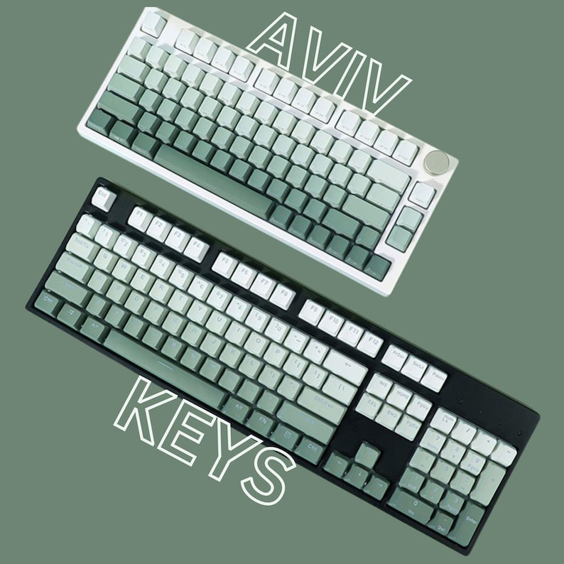 Op de afbeelding: Twee computertoetsenborden met witte en groene toetsen worden getoond tegen een groene achtergrond. Het bovenste toetsenbord is wit en het onderste toetsenbord is zwart. Het woord "AVIV" staat boven het bovenste toetsenbord en "KEYS" onder het onderste toetsenbord.
