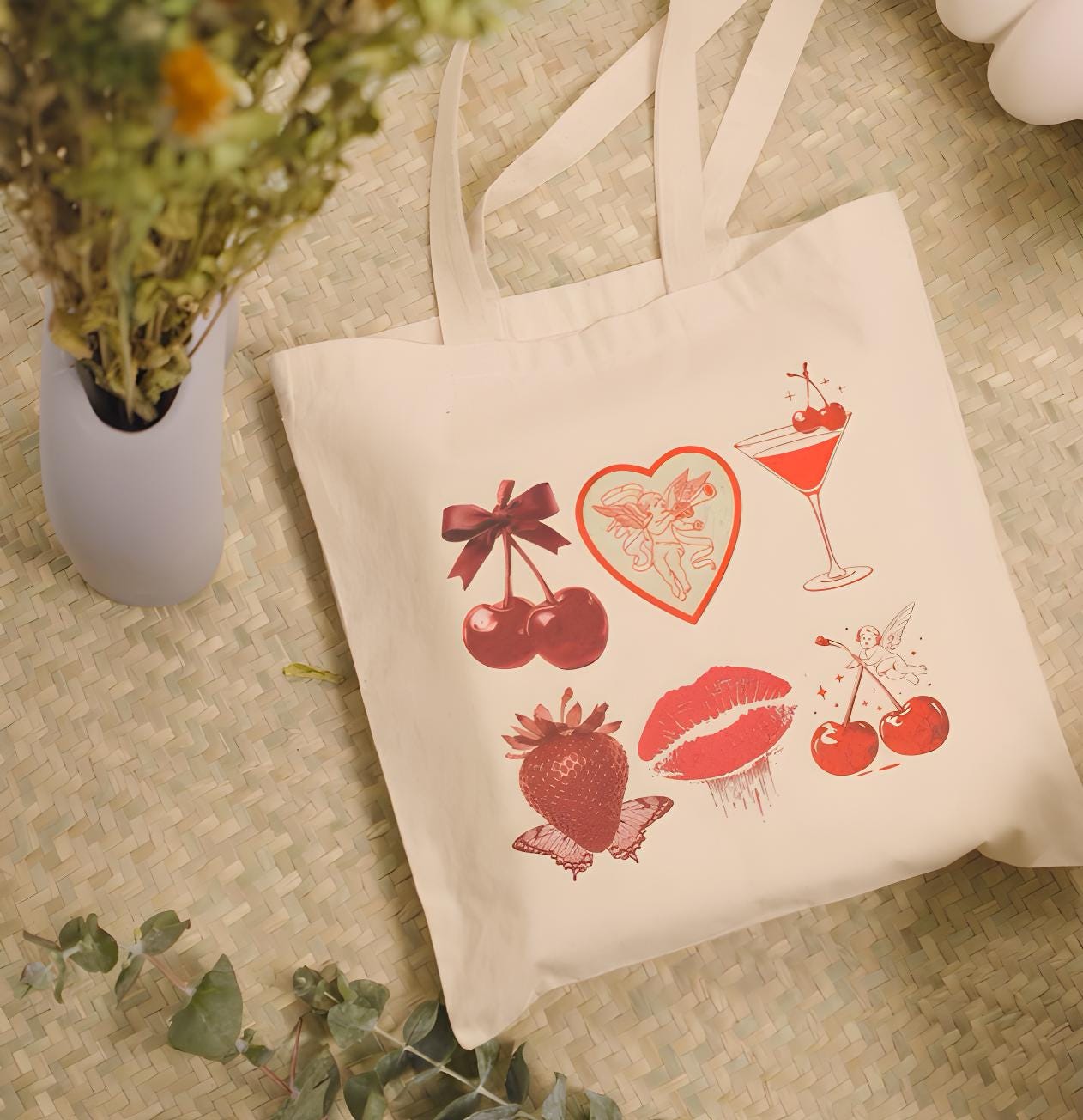 Coquette Valentine's Day Tote Bag – Cupid Cherry Bow Aesthetic, Romantic Gift, Vintage-Inspired Shoulder Bag, Retro Cherry Valentine Graphic