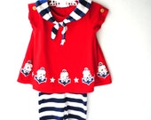 Nautical vintage 80s cotton blend girl 39 s suite red dress with a striped sailor collar and matching pants. Made by Tickle me. Size 2t s