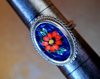 ring with flowers made with vintage tin box adjustable made in Italy. Maxi oval ring
