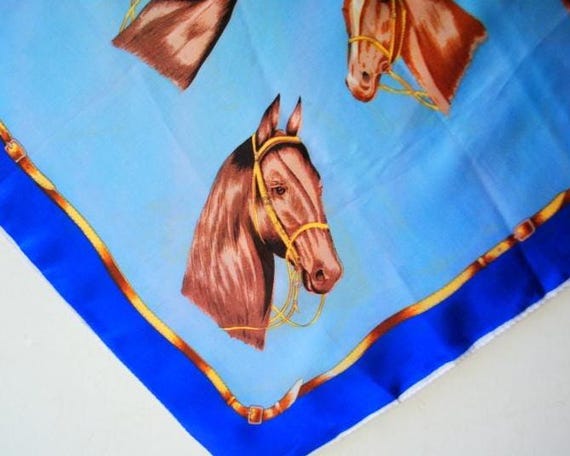 1960 blue acetate/ satin    scarf  with brown  horses heads  images, made by Exclusive  Design.