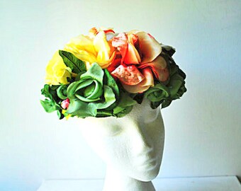 Victorian garden vintage 60s  silk  and velvet multicolor roses  fascinator hand made  hat. One size fits all.