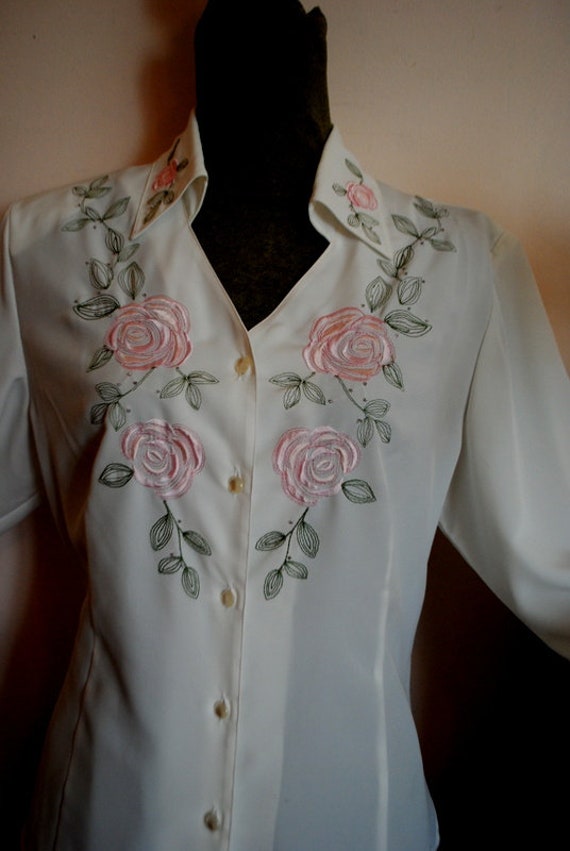 Boho vintage 80s white silky polyester blouse wit… - image 8