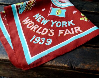 Americana vintage 1939, multicolor rayon, small, bandanas scarf with a New York, World Fair print. Made in USA.