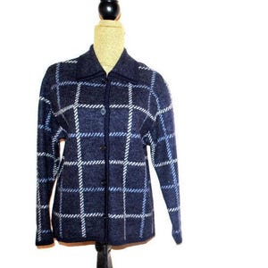 Winter fashion  vintage 1990s,  dark gray, thick wool, plaid, cardigan- jacket. By Talbots. Size Small.