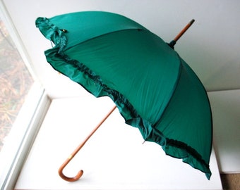 Glamour vintage 50s , forest green nylon, ladies umbrella- parasol. Made by Swaine  Adeney  Brigg in England.