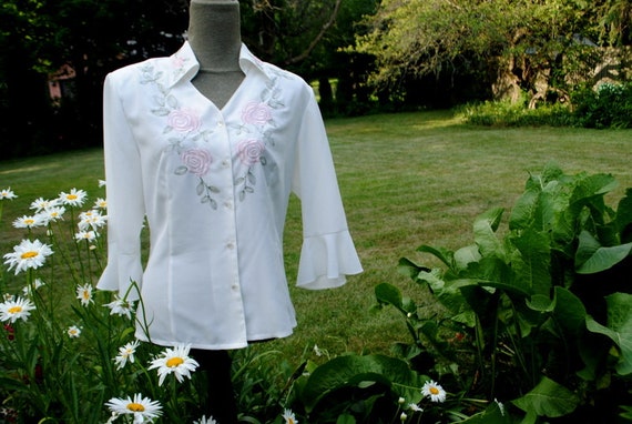 Boho vintage 80s white silky polyester blouse wit… - image 4