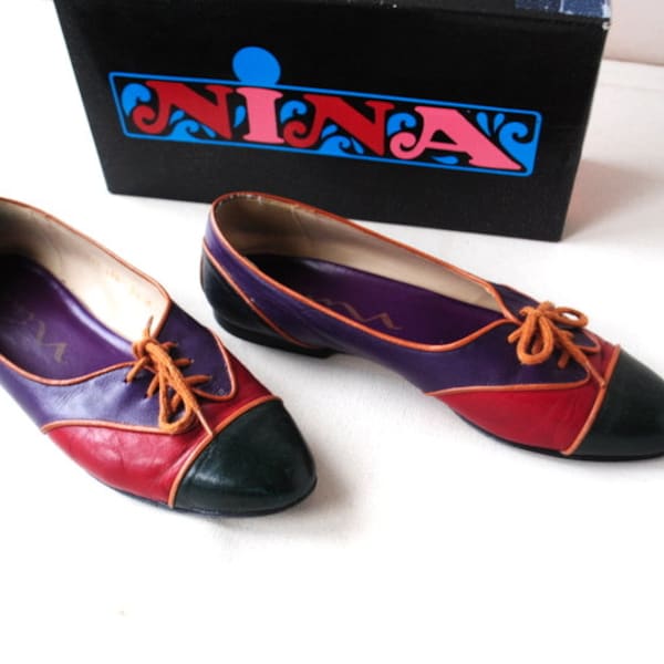 1980 vintage ,   multicolor kid leather  blocks  , oxford style flats shoes. Made in Spain by Nina, original box. Size 8 1/2 M.