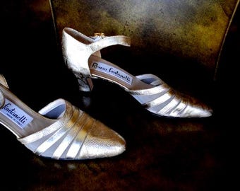 1980  Renzo Fontanelli , Gold Metallic Genuine  Leather  Pumps, Ankle Strap, Pointed Toe, Striped Front , Size 7 1/2, Made in Italy