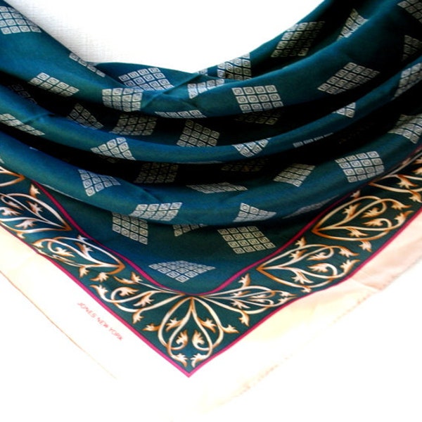 1990 vintage , luxurious , flowing silk  , forest green  scarf with beige geometric  pattern. By Jones New York. Mint Condition.