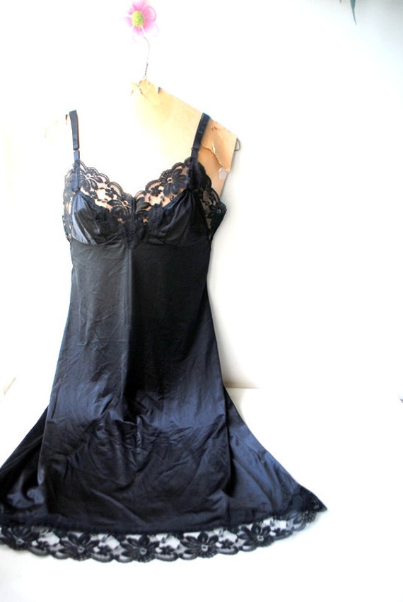 Classy vintage 60s black nylon slip dress with a … - image 2