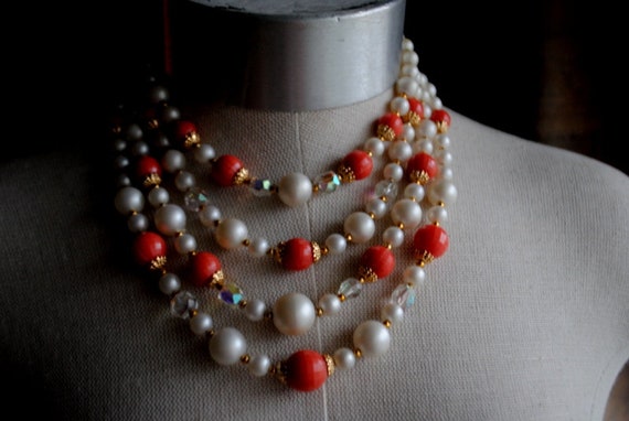 1950 Vintage Four Strand Faux Pearl Beads, Rare Choker Necklace