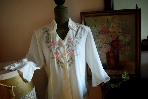 Boho vintage 80s white silky polyester blouse wit… - image 1