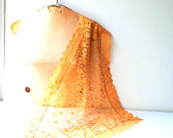 1970 vintage mustard- yellow  polyester lace , Victorian style triangle scarf/ mantilla  with scalloped   edges trim. Mint condition.