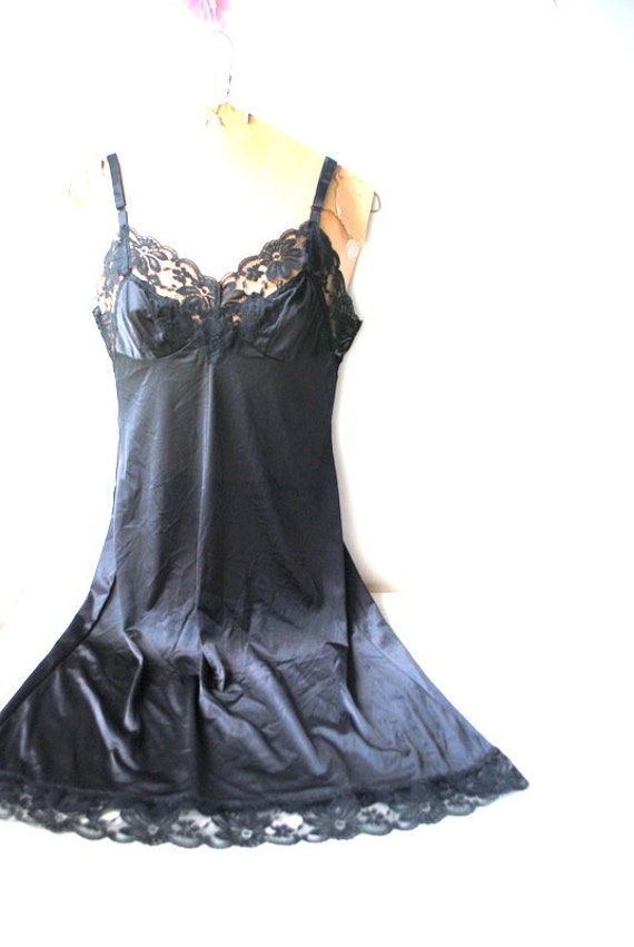 Classy vintage 60s black nylon slip dress with a … - image 9