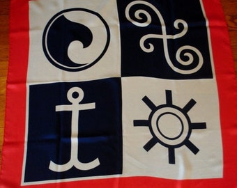 1980 vintage , stylish silk scarf with navy blue   and white nautical theme  and  red trim.