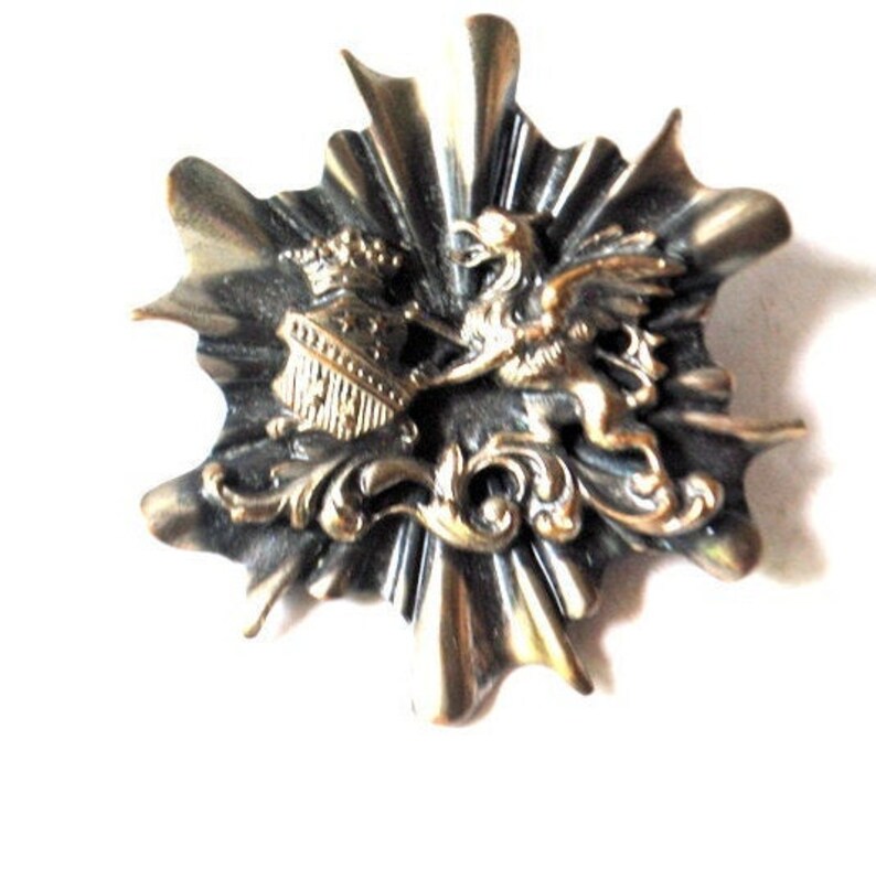 bronze Vintage 70s coat off arm pin. shield brooch griffin