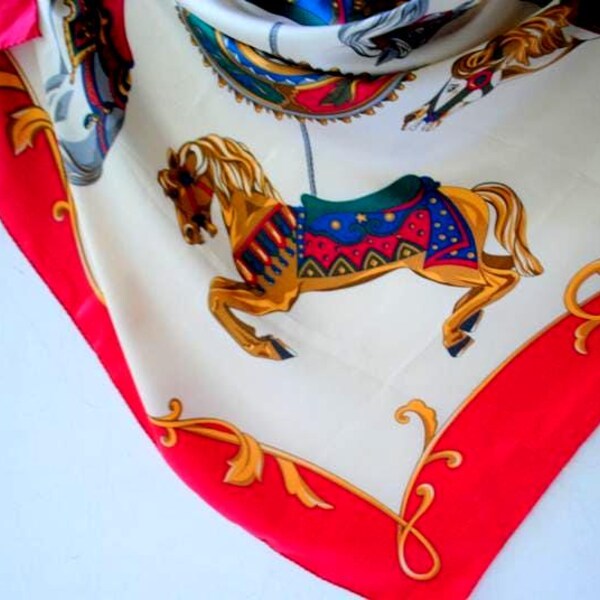 1980 vintage , fine silk, luxurious  , large scarf with  multicolor , four  carousel  horses theme, by Club 7  Echo.