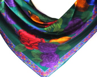 1980  vintage  luxurious  French  , flowing glossy silk   scarf with multicolor  neon print of large flowers  and fruit. Mint condition.