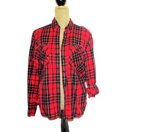 Classy vintage 1990    red tartan plaid ,  100% cotton flannel , women's   shirt, blouse. By Ralph Lauren. Size XL.