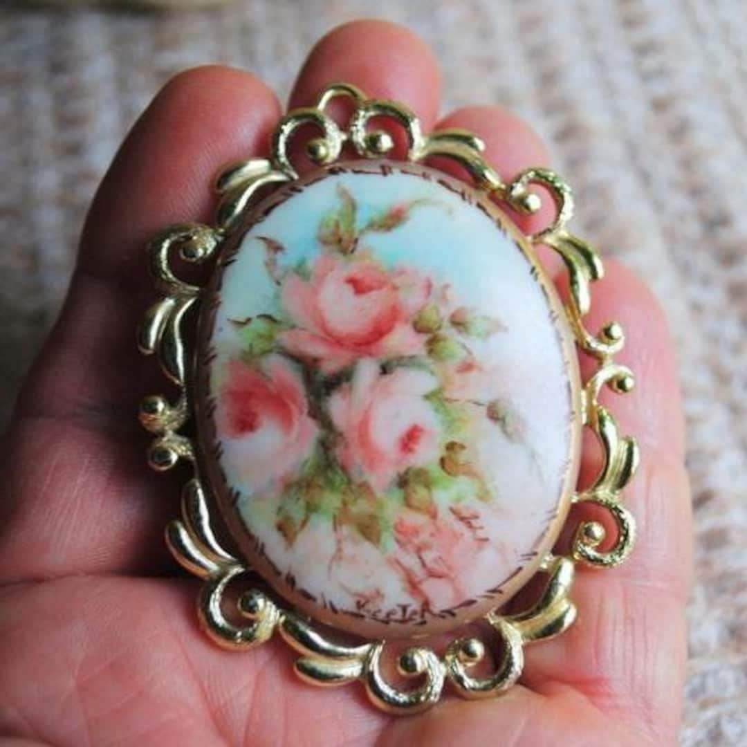 1890 Vintage , Fine Porcelain Cameo Brooch With Hand Painted