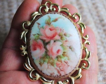 1890 Vintage , Fine Porcelain Cameo Brooch With Hand Painted