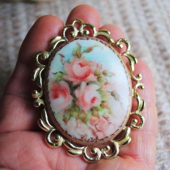 1890 Vintage , Fine Porcelain Cameo Brooch With Hand Painted