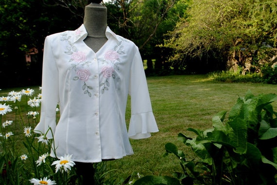 Boho vintage 80s white silky polyester blouse wit… - image 2