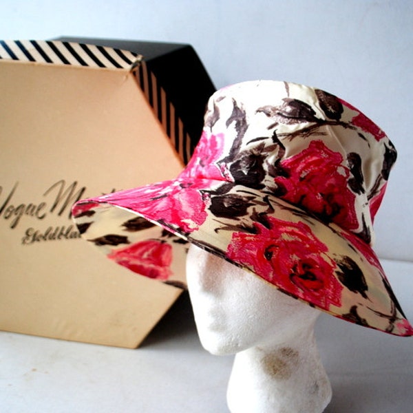 Mod vintage 1960, bonnet shape  , tall crown, silk  hat with a large pink cabbage roses  print. By Vogue Mont. Size 21.Mint condition.