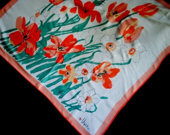 Mod vintage 1960 silky polyester,  abstract tulips, hand printed scarf. Made by Vera , Lady Bug.